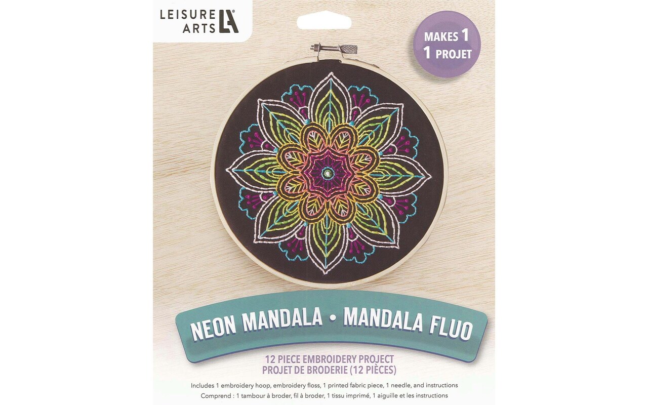 Leisure Arts Embroidery Kit 6 Neon Mandala - embroidery kit for beginners  - embroidery kit for adults - cross stitch kits - cross stitch kits for